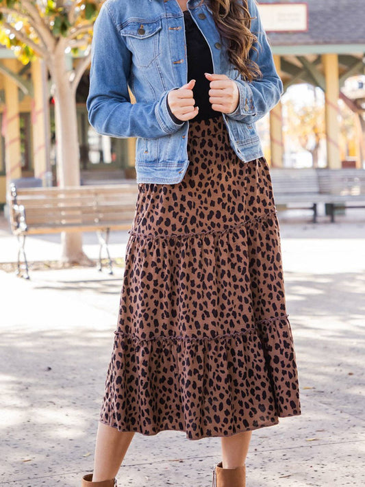 Amara Animal Print Tiered Midi Skirt: Cheetah Dark Brown / Large