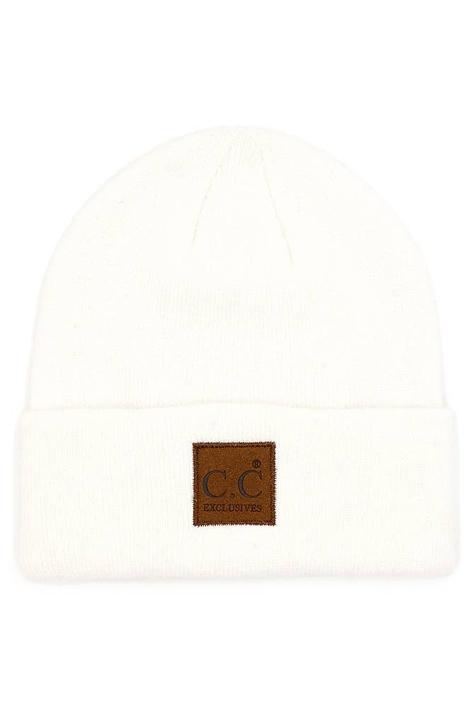 C.C Heather Knit Suede Patch Beanie Winter Hat: Moss
