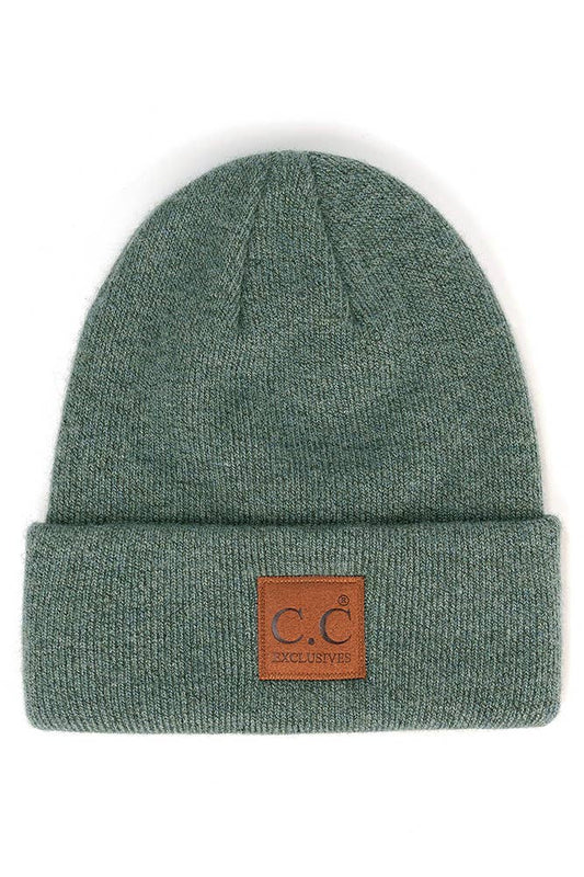 C.C Heather Knit Suede Patch Beanie Winter Hat: Forest