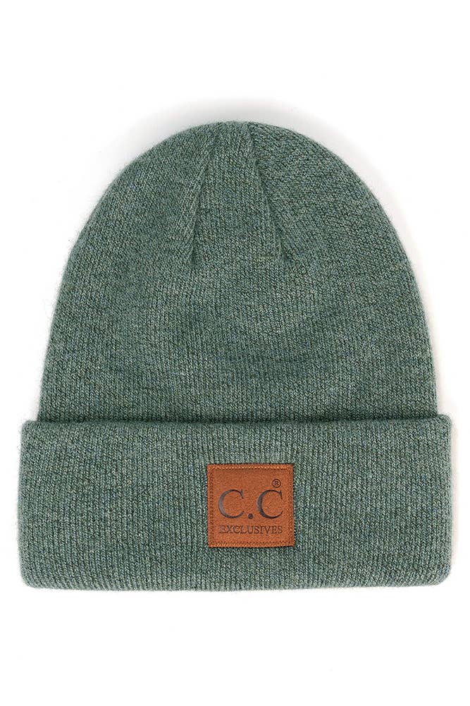 C.C Heather Knit Suede Patch Beanie Winter Hat: Moss
