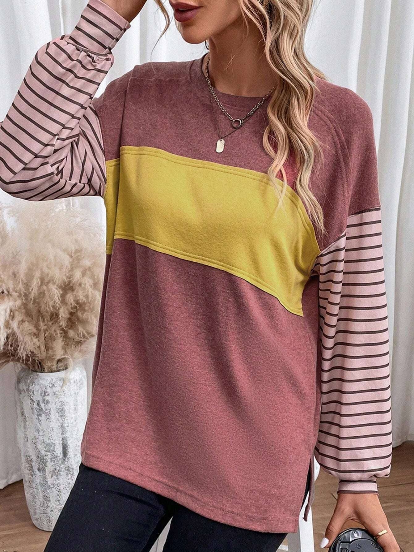 Colorblocked fall sloucy striped long-sleeved sweatshirts: Green / M