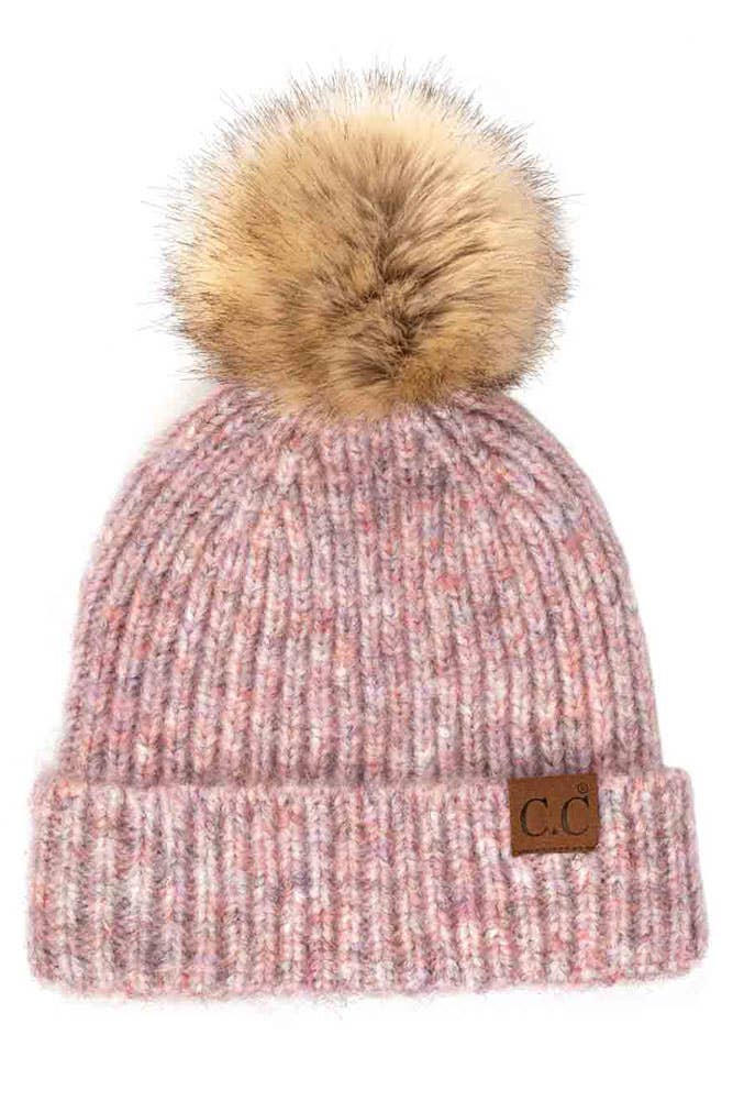 C.C Classic Rib Beanie with Faux Fur Pom Winter Hat: Aqua