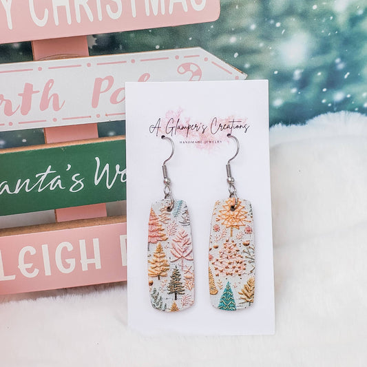 Pink and Peach Christmas Trees Mini Bar Leather Earrings