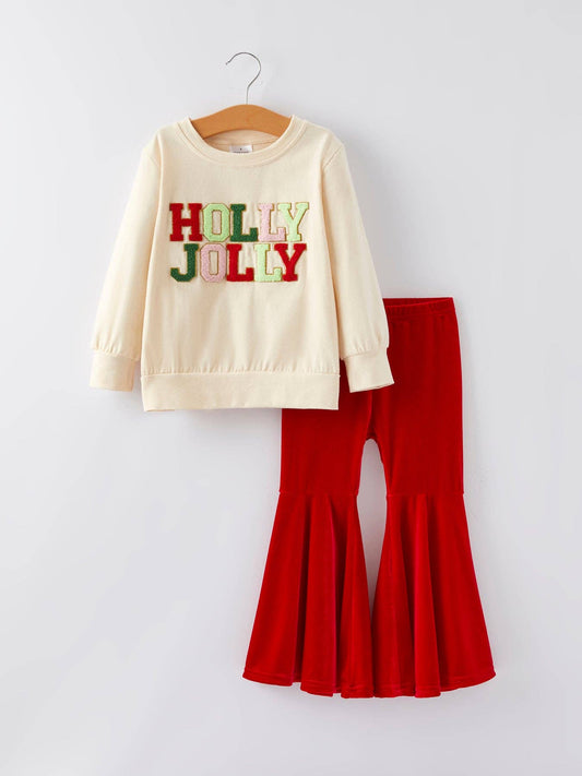 Christmas Letter Applique Top + Flared Pants Outfit Set: 2