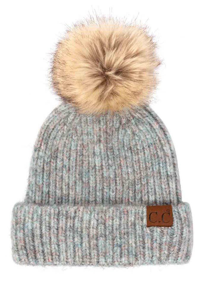 C.C Classic Rib Beanie with Faux Fur Pom Winter Hat: Iris