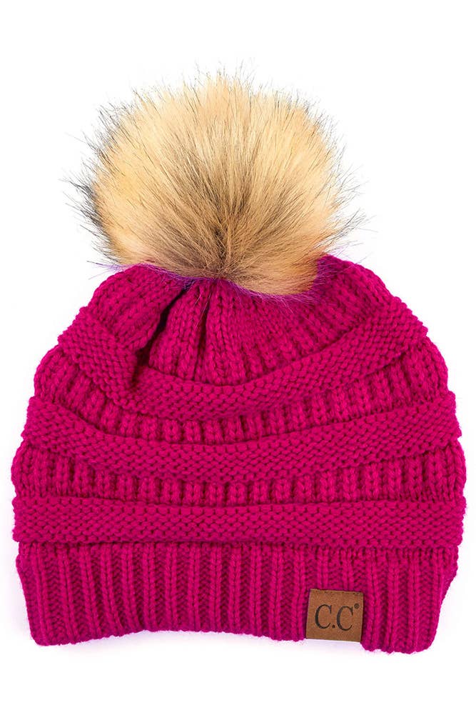 C.C Solid Ribbed Knit Beanie With Pom: Dark Melange Gray