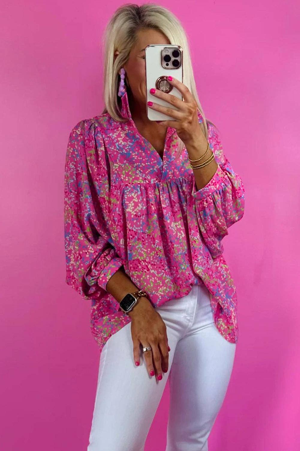 Abstract Print Collared V Neck Babydoll Blouse: Bonbon / 100%Polyester / M