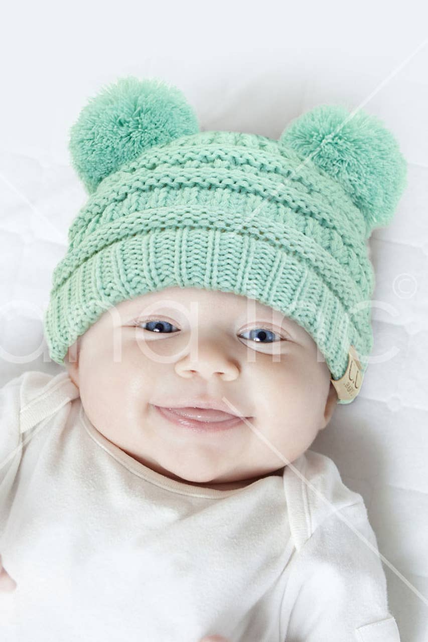 C.C Baby Knit Double Pom Pom Beanie: Beige