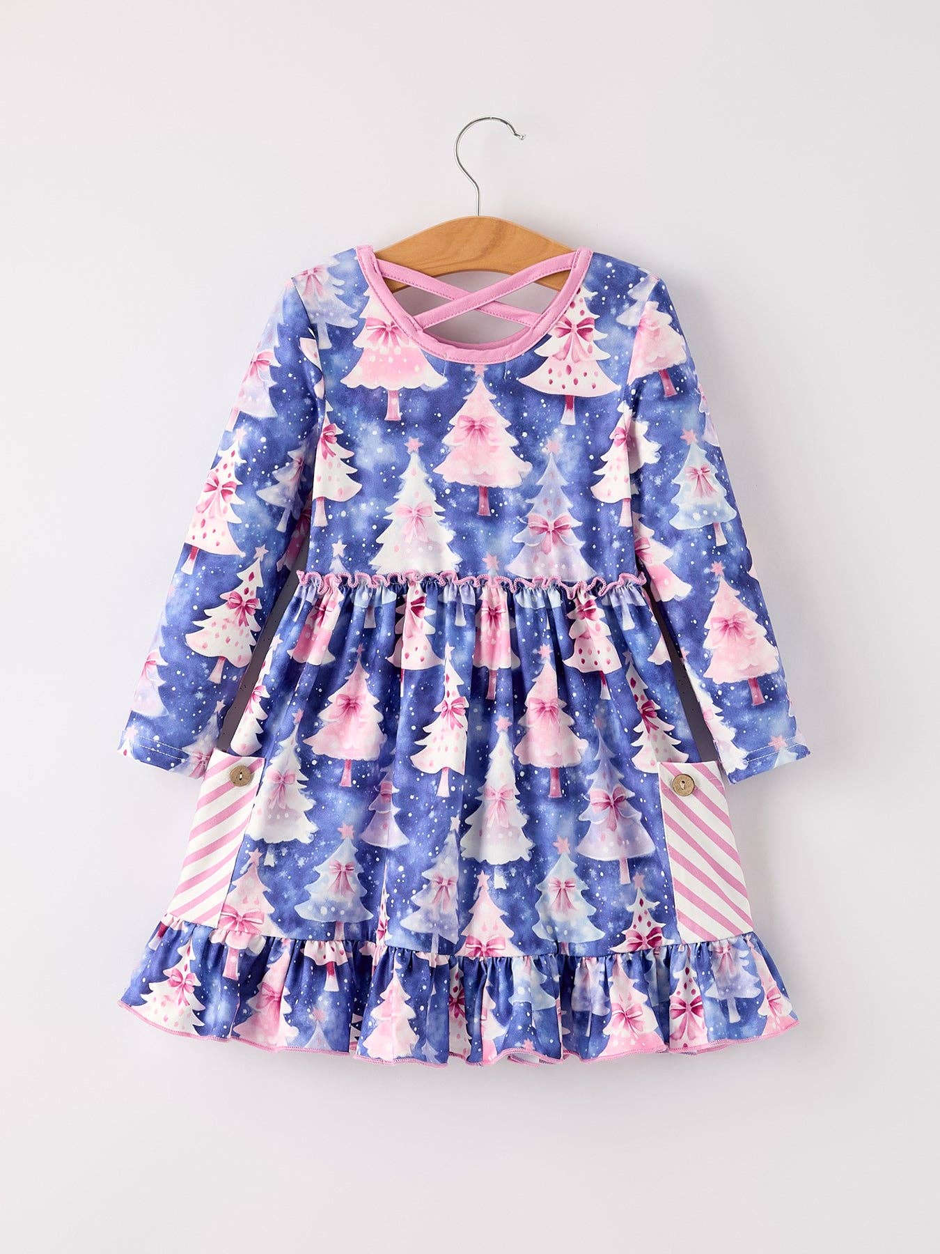 Winter Purple Christmas Tree Long Sleeve Ruffle Pocket Girls Dress: 4