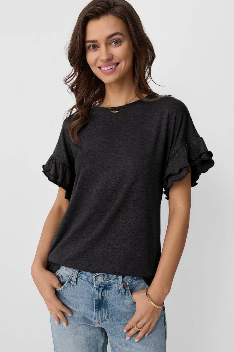 CWTBLS1620_SOLID COLOR ROUND NECK RUFFLE SLEEVE TOP: PEAGREEN / (S) 1