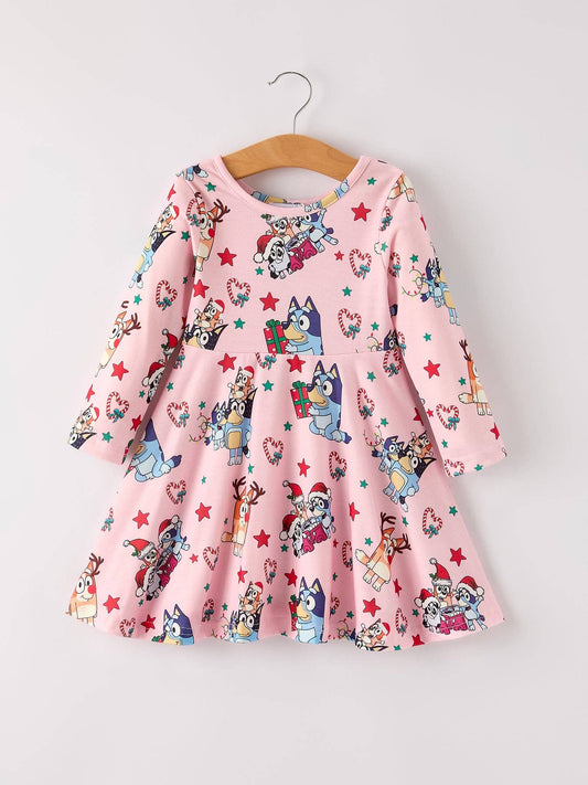 Winter Christmas Character Print  Pink Girls Dress: 8/9