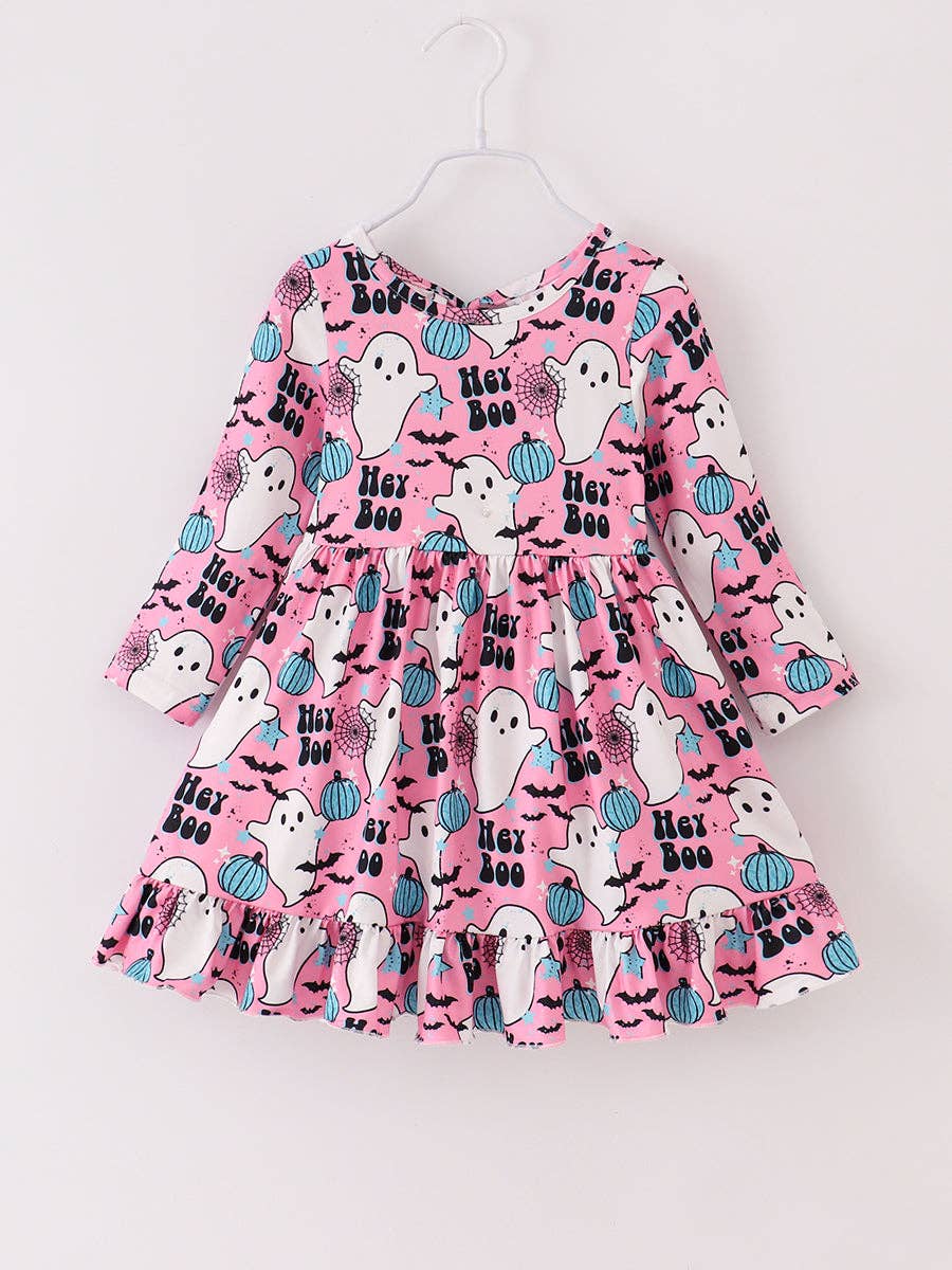 Halloween Pink Hey Boo Ghose Print Girl Twirl Dress: 3Y