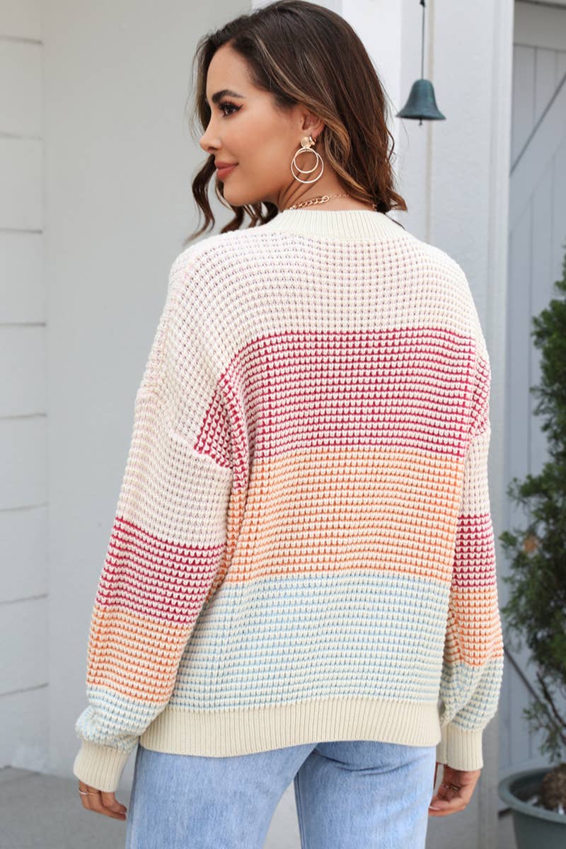 WOMEN WAFFLE KNITTED COLOR BLOCK OVERSIZED SWEATER_CWOSWL030: APRICOT / (S) 1