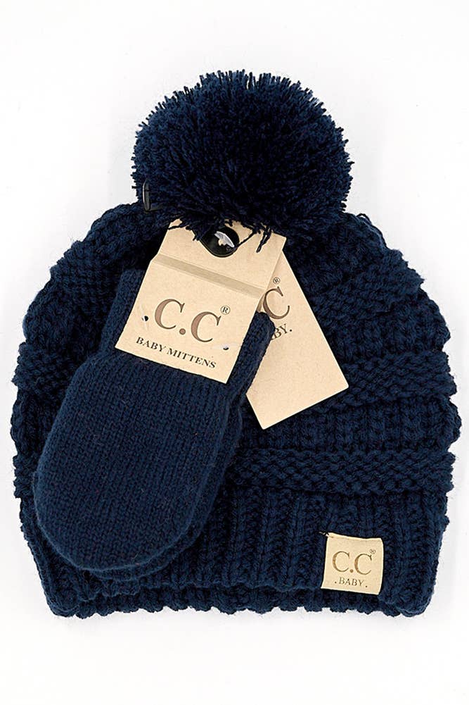 C.C Baby Solid Ribbed Pom Beanie and Mitten Glove: Indi Pink