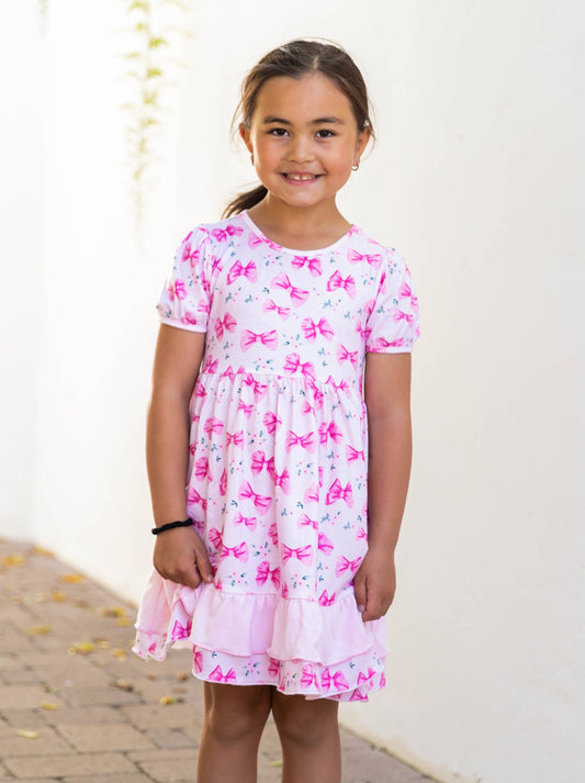 Contrast Ruffle Patterned Little Girl Dress: Pink Bows / LARGE - 6-7Y