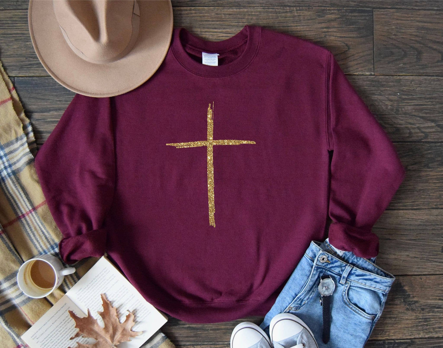 Fall Gold Cross Maroon Cozy Faith Graphic Tee Sweatshirt : S