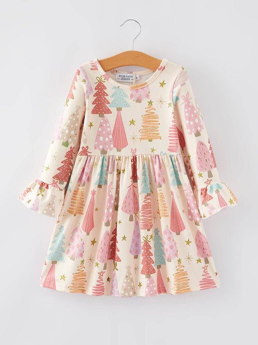 Christmas Tree Print Girls Dress: 3