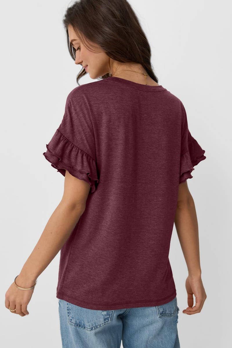 CWTBLS1620_SOLID COLOR ROUND NECK RUFFLE SLEEVE TOP: PEAGREEN / (M) 1