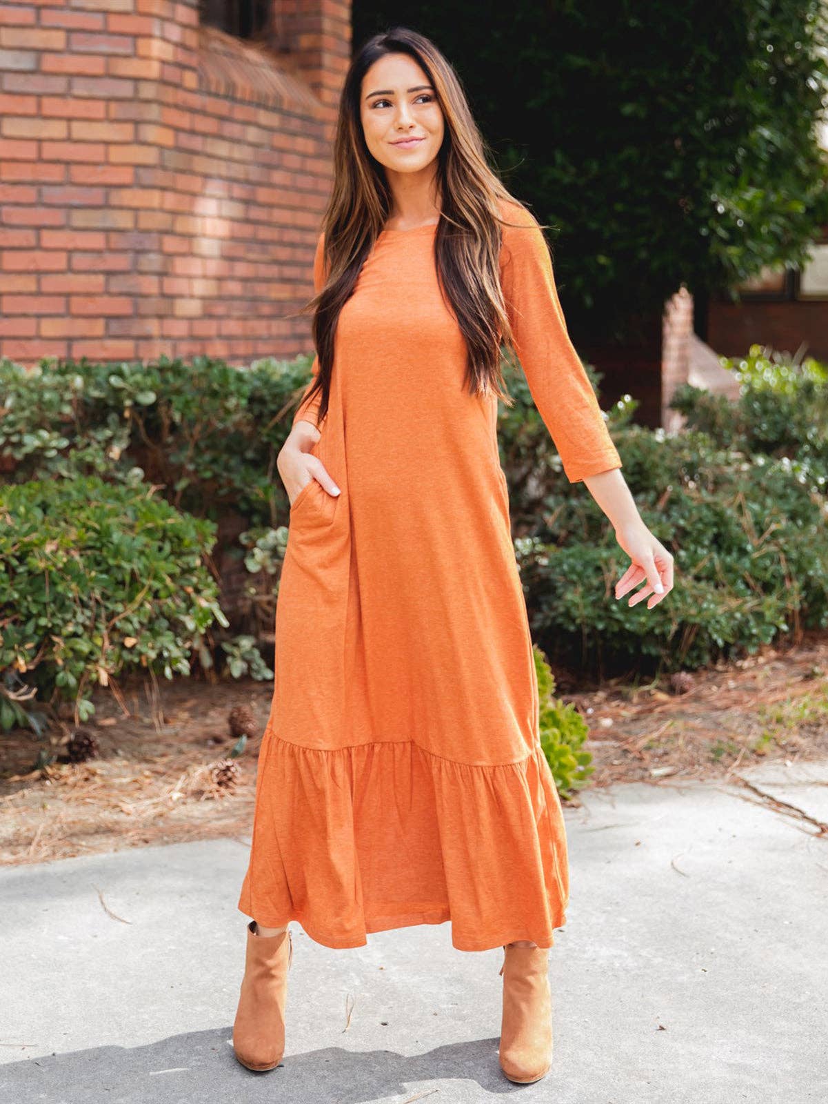 3/4 Sleeve Maxi Sander Dress: Green / Large