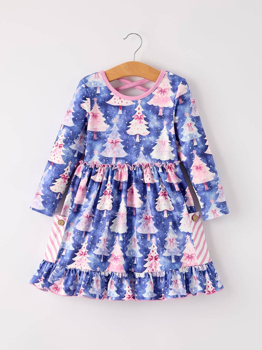 Winter Purple Christmas Tree Long Sleeve Ruffle Pocket Girls Dress: 4