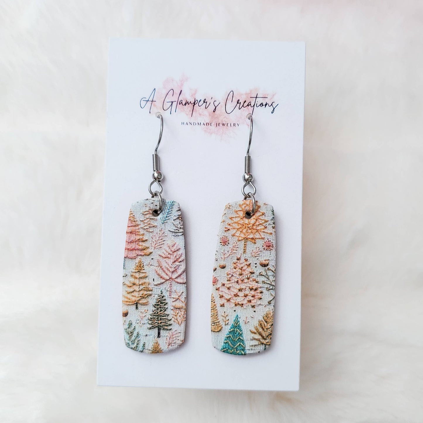 Pink and Peach Christmas Trees Mini Bar Leather Earrings