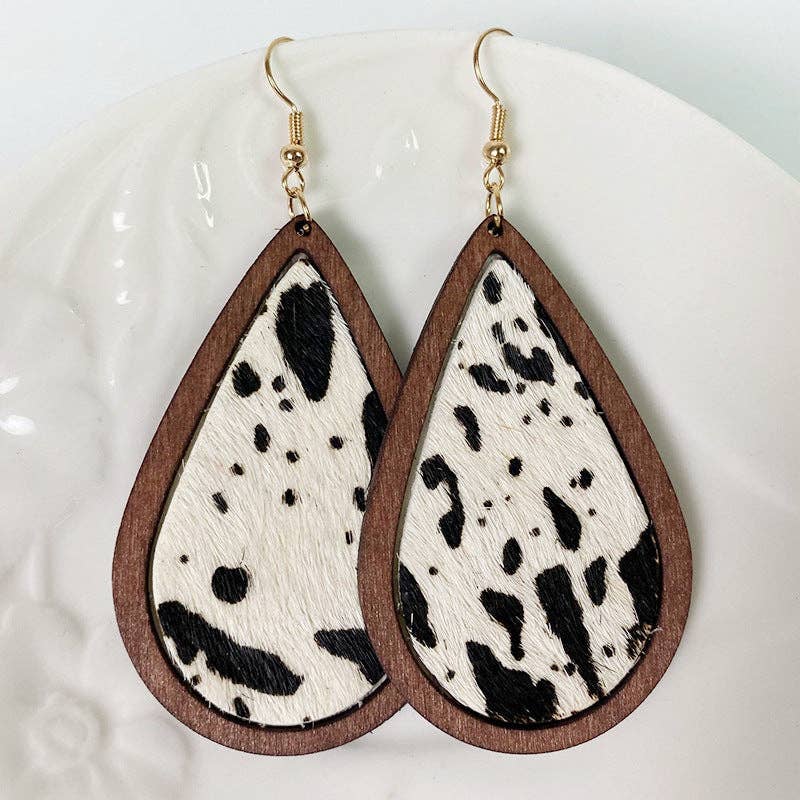 Leopard-print Horsehair Cowhide Wooden Drop Earrings - WJ: 2
