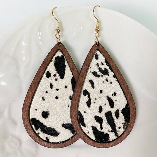 Leopard-print Horsehair Cowhide Wooden Drop Earrings - WJ: 2