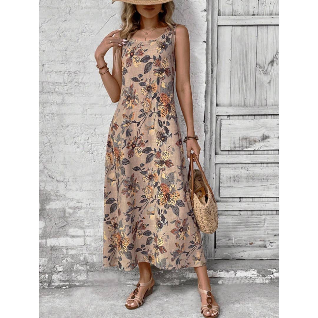 Summer Sleeveless Floral Print Round Neck Dress ZK2695: Multi / L