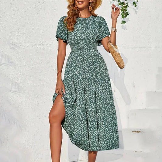 Floral dress with lotus sleeves: Green / (XL) 1