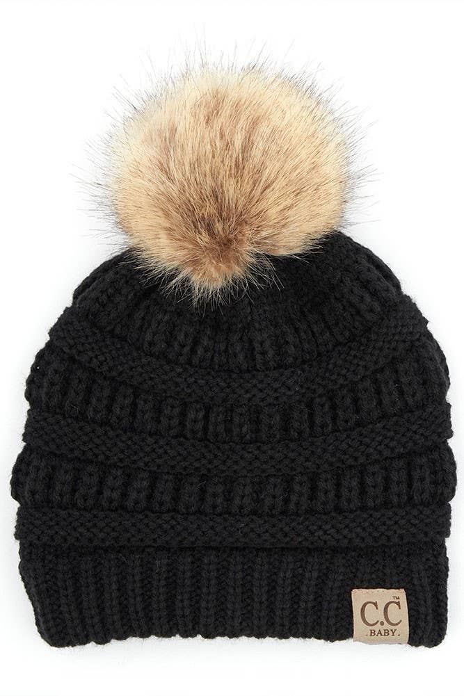 C.C Solid Ribbed Infant Natural Fur Pom Beanie: Light Melange Gray