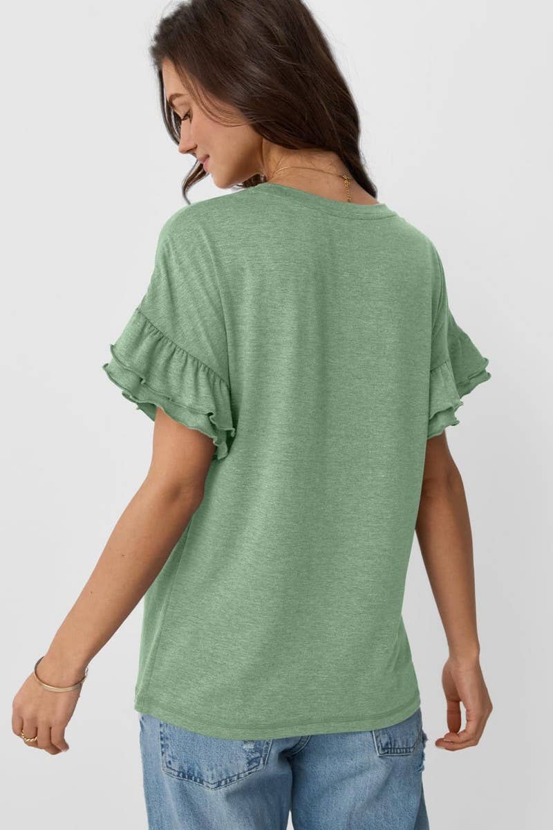 CWTBLS1620_SOLID COLOR ROUND NECK RUFFLE SLEEVE TOP: RED / (L) 1