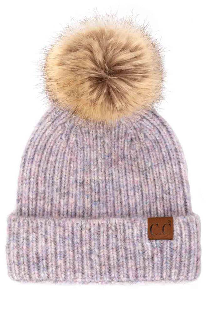 C.C Classic Rib Beanie with Faux Fur Pom Winter Hat: Iris