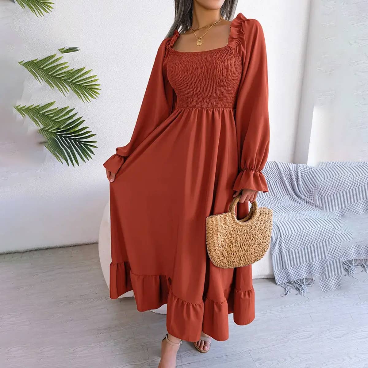 SQUARE NECK LARGE SWING FLOUNCES LONG DRESS_CWDMD1165: GREEN / (L) 1