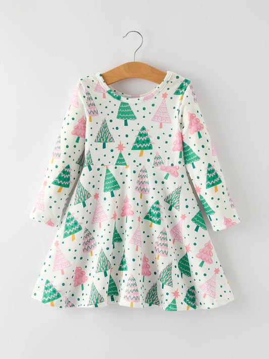 Cute Holiday Dress with Christmas Tree and Snow Prints: 10/12
