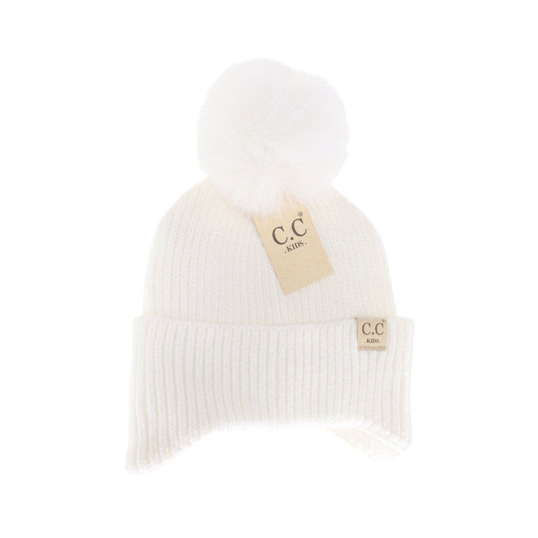 KIDS C.C Double Pom Beanie with Ear Flaps: NEW-Sage