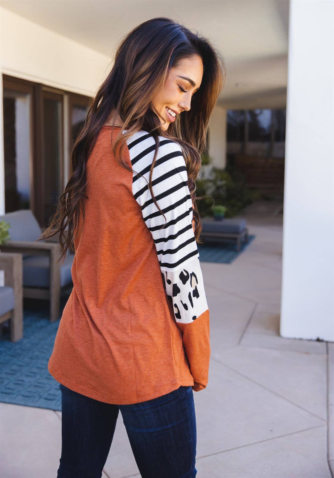 Stripe Animal Print Nancy Top: Orange / Large