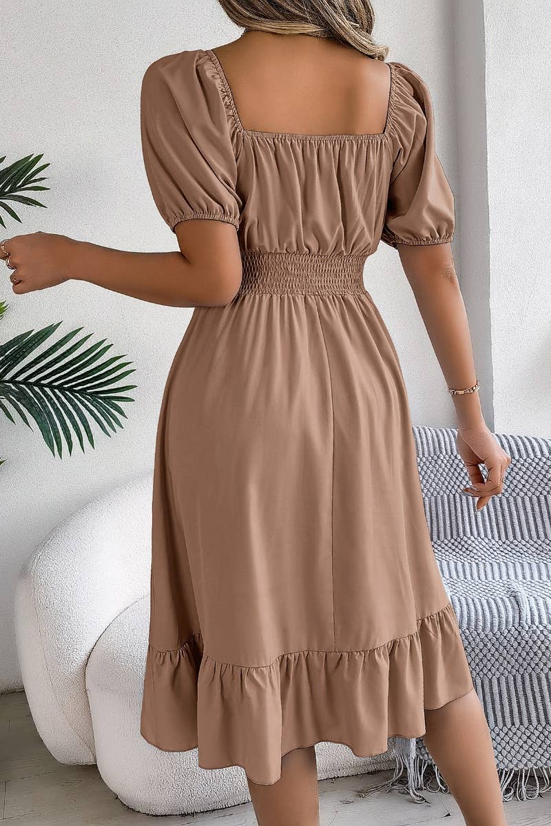CWDSD4632_SQUARE NECK SHORT SLEEVE WAIST PEPLUM DRESS: KHAKI / (L) 1