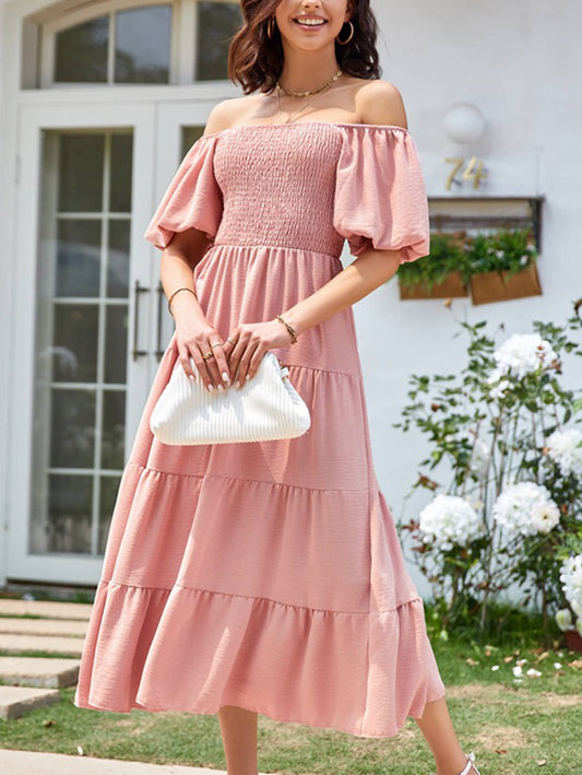 Square Necked Backless Short Sleeved Dress: Pink / XL
