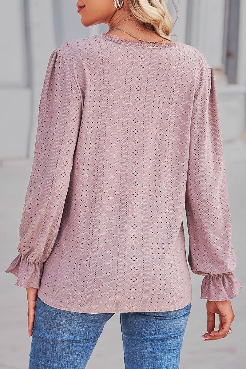 WOMEN LACE TRIM NECK EYELET LONG SLEEVE SHIRT TOP_CWTSTL0301: MAUVE / (L) 1
