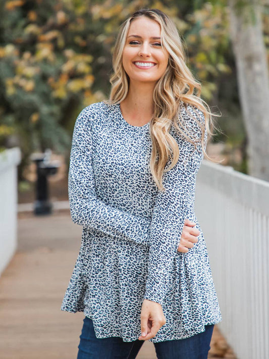 Animal Print Peplum Evelyn Top: Small Cheetah Blue / Large