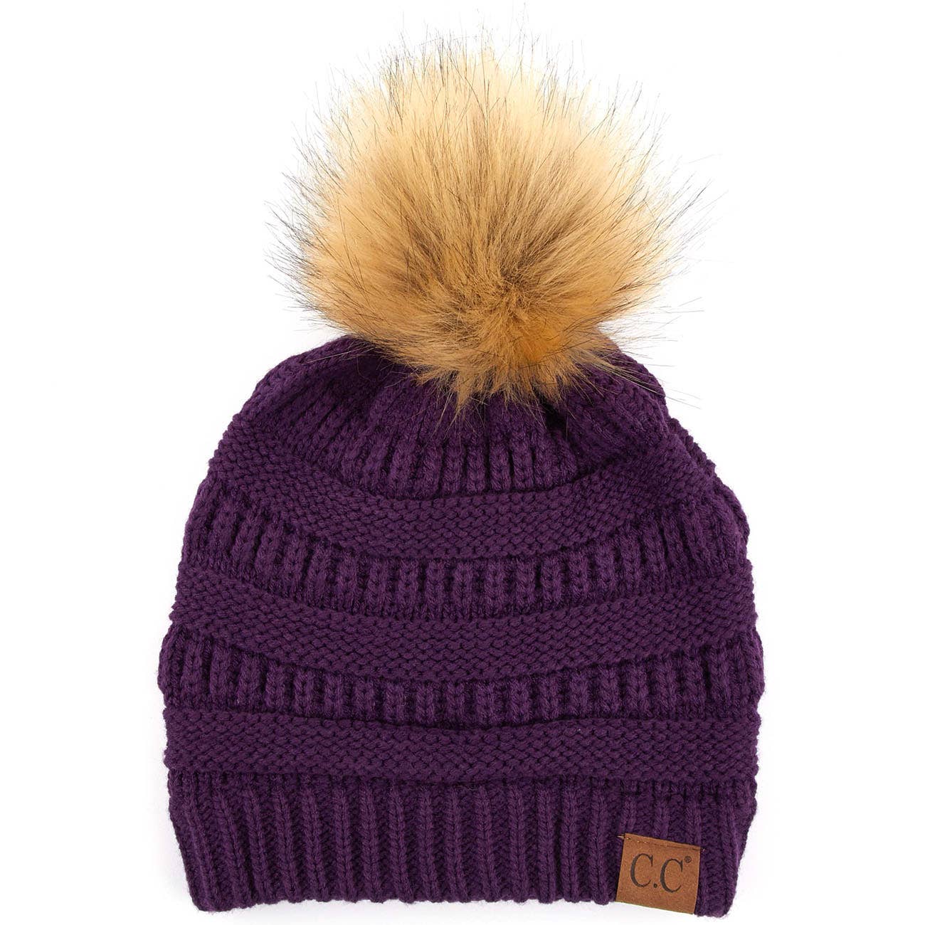 C.C Solid Ribbed Knit Beanie With Pom: Golden Walnut