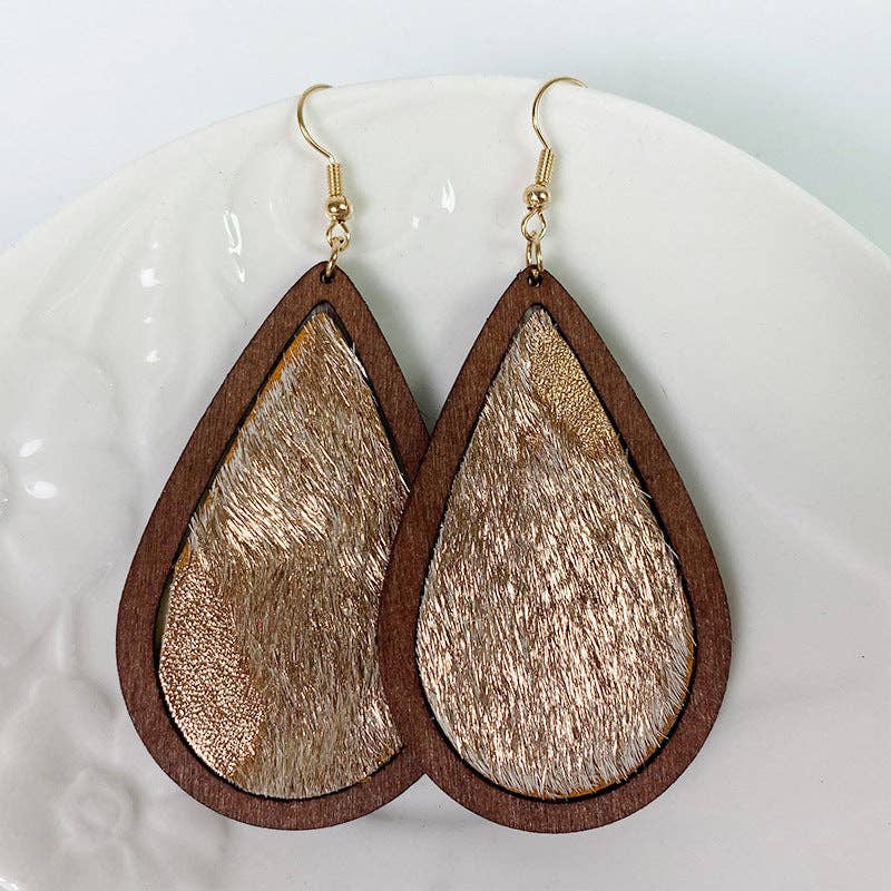 Leopard-print Horsehair Cowhide Wooden Drop Earrings - WJ: 2