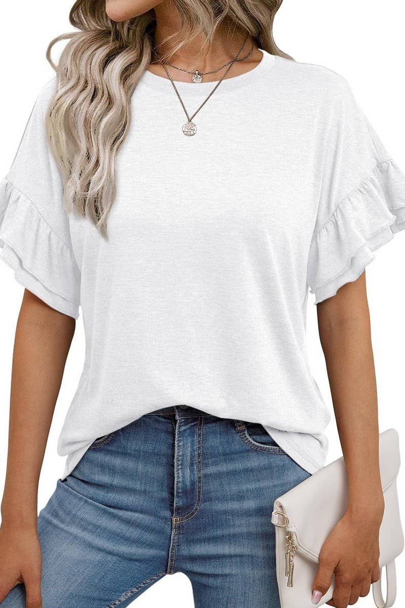 CWTBLS1620_SOLID COLOR ROUND NECK RUFFLE SLEEVE TOP: PEAGREEN / (M) 1
