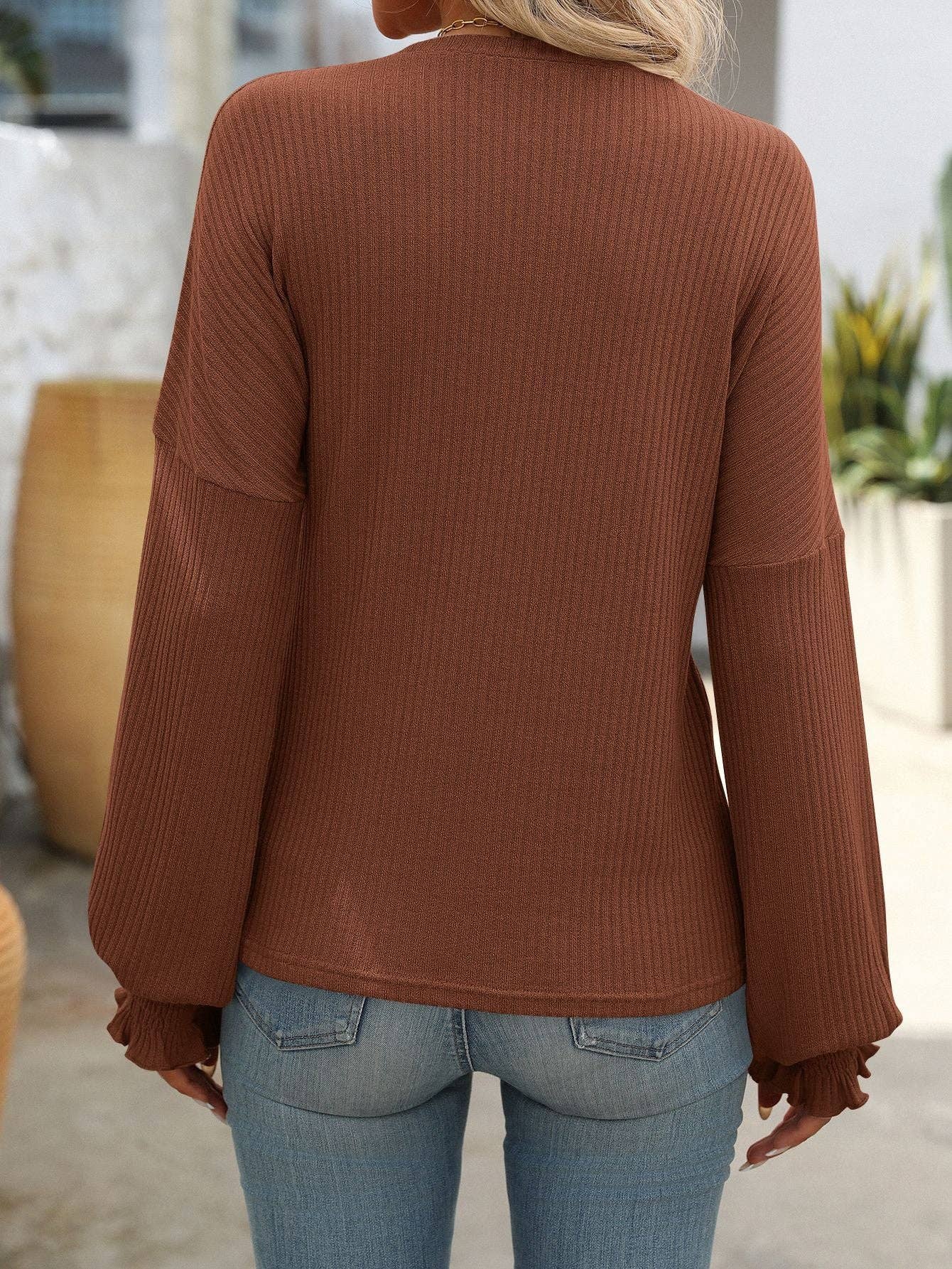 Women Loose Casual Pit Strip Long-sleeved Sweater: Khaki / 65%Rayon+35%Polyester / S