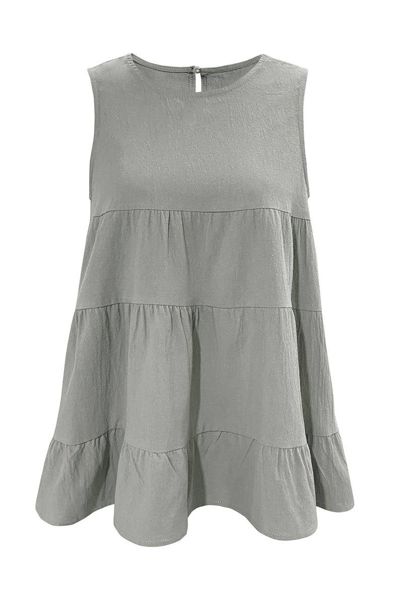 CWTBLS1597_LOOSE ROUND NECK SLEEVELESS VEST WITH LARGE SWING: GREY / (XXL) 1