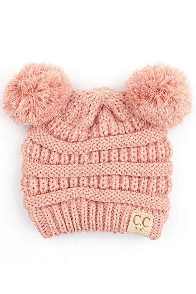 C.C Baby Knit Double Pom Pom Beanie: Beige