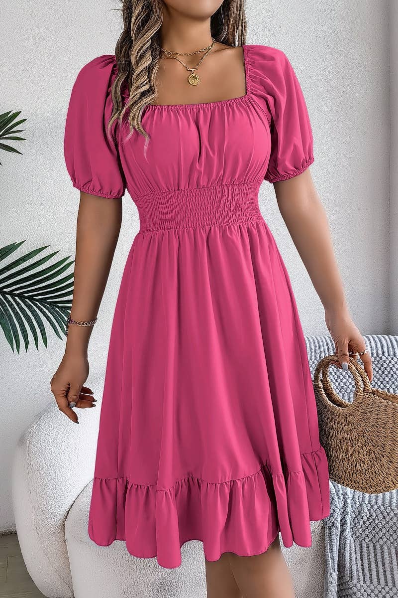 CWDSD4632_SQUARE NECK SHORT SLEEVE WAIST PEPLUM DRESS: KHAKI / (XL) 1