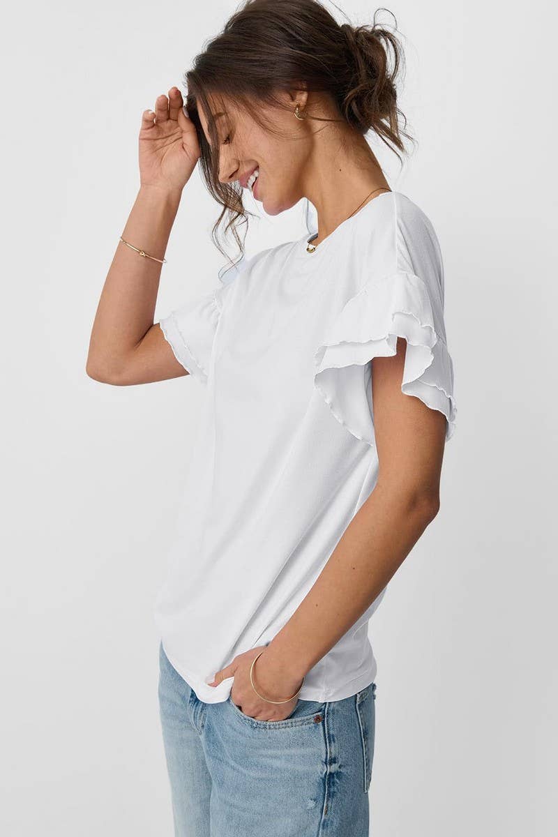 CWTBLS1620_SOLID COLOR ROUND NECK RUFFLE SLEEVE TOP: RED / (XL) 1