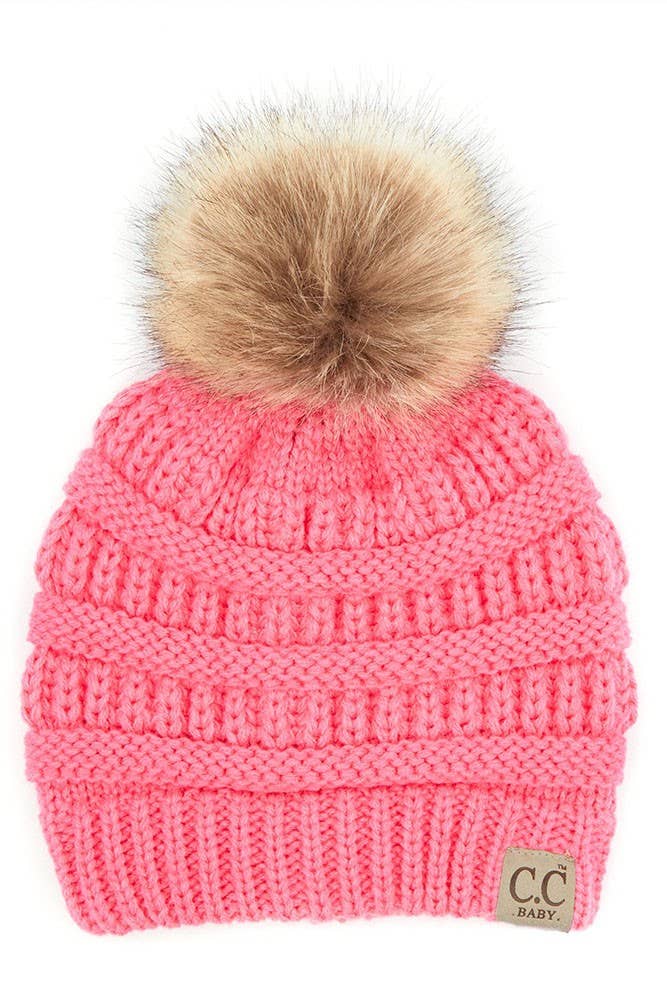 C.C Solid Ribbed Infant Natural Fur Pom Beanie: Light Melange Gray