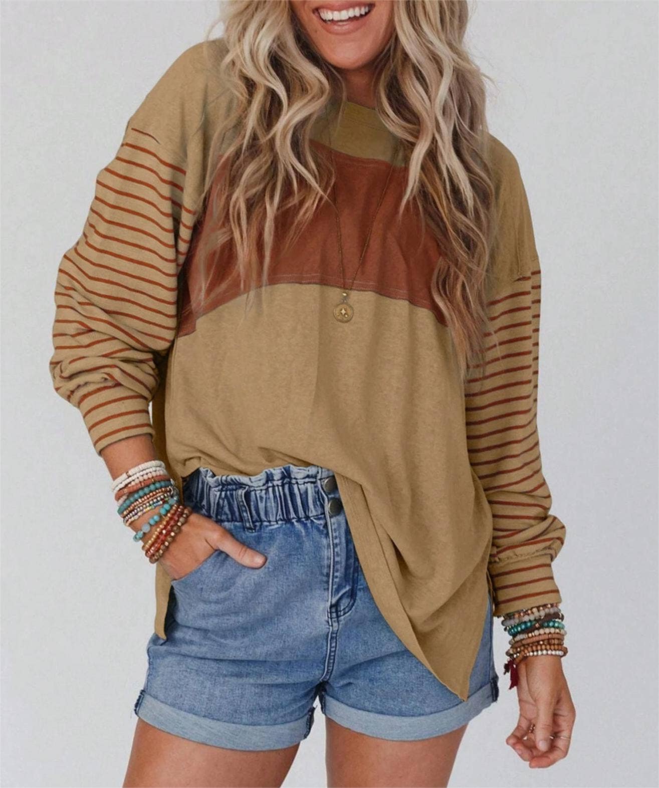Colorblocked fall sloucy striped long-sleeved sweatshirts: Green / L